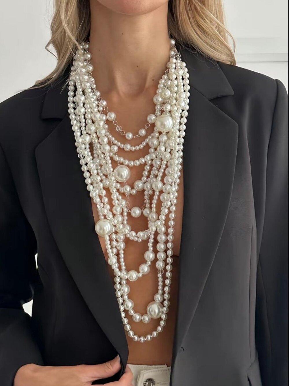 Boho Multi-Layer Faux Pearl Necklace, Vintage Statement Layered Pearl Strand